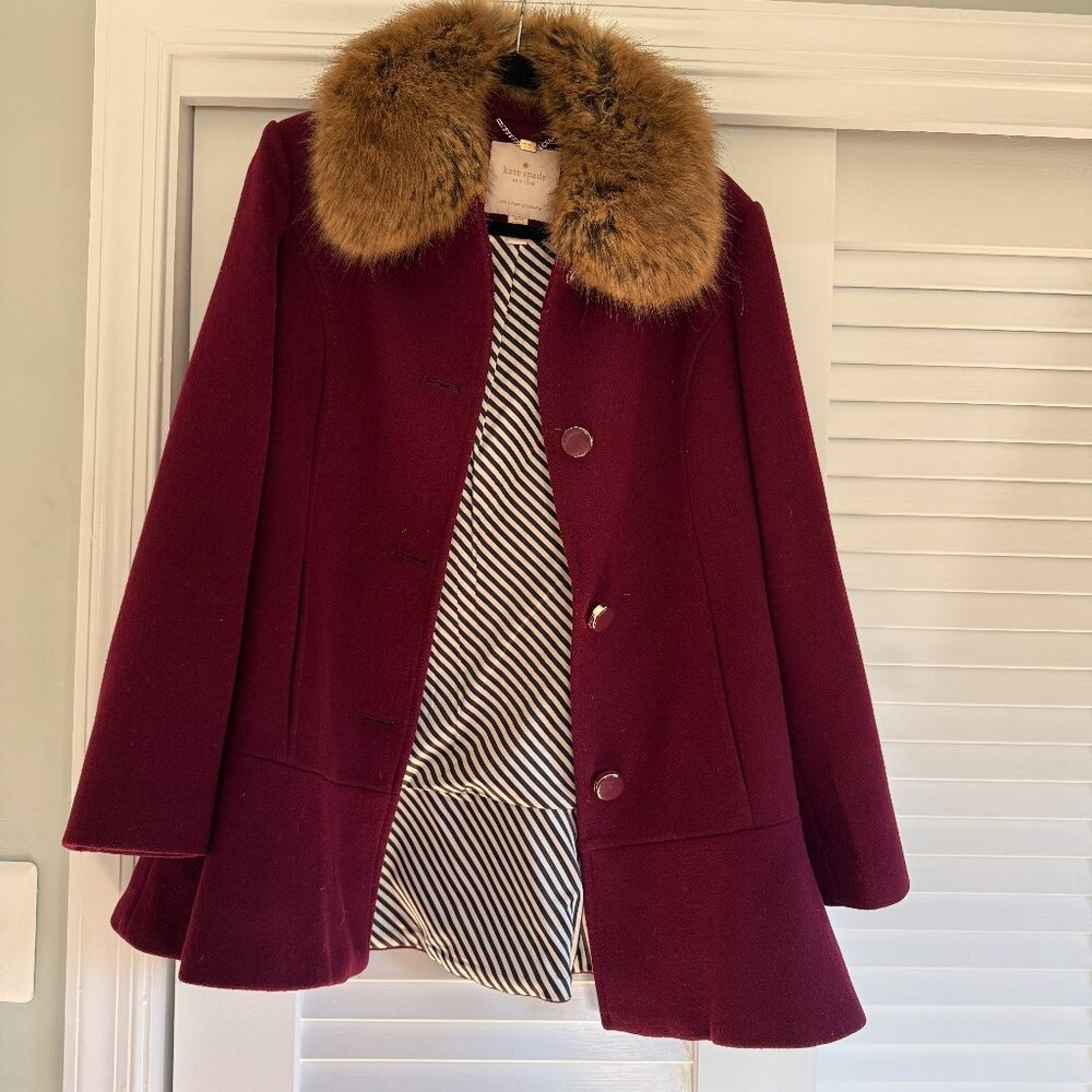 Kate Spade Coat Flounce Wool Peacoat Fur Hood in Maroon Size M
